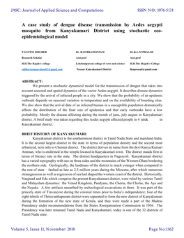 A Case Study of Dengue Disease Transmission by Aedes Aegypti Mosquito from Kanyakumari District Using Stochastic Eco- Epidemiological Model