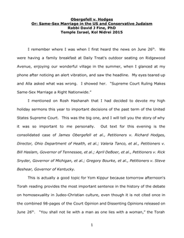 Obergefell V. Hodges Or: Same-Sex Marriage in the US and Conservative Judaism Rabbi David J Fine, Phd Temple Israel, Kol Nidrei 2015