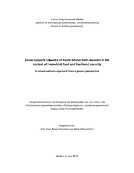 Social Support Networks of South African Farm Dwellers in the Context of Household Food and Livelihood Security