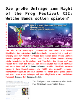 Die Große Umfrage Zum Night of the Prog Festival XII: Welche Bands Sollen Spielen?