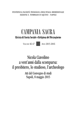 CAMPANIA SACRA Rivista Di Storia Sociale E Religiosa Del Mezzogiorno