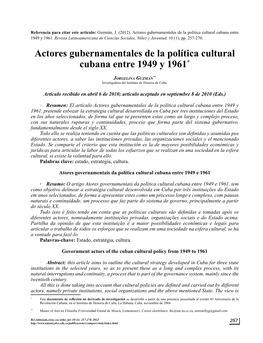 Actores Gubernamentales De La Política Cultural Cubana Entre 1949 Y 1961