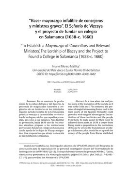 “Hacer Mayorazgo Infalible De Consejeros Y Ministros Graves”. El Señorío De Vizcaya Y El Proyecto De Fundar Un Colegio En Salamanca (1638-C