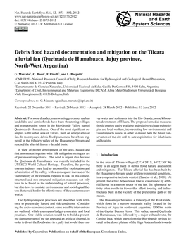 Debris Flood Hazard Documentation and Mitigation on the Tilcara