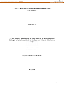 A Contextual Analysis of Compound Nouns in Shona Lexicography