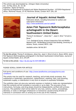 Asian Fish Tapeworm Bothriocephalus Acheilognathi in the Desert Southwestern United States Thomas P