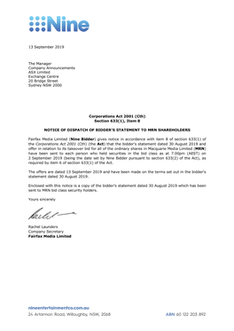 Dispatch of Bidder's Statement to Mrn Shareholders