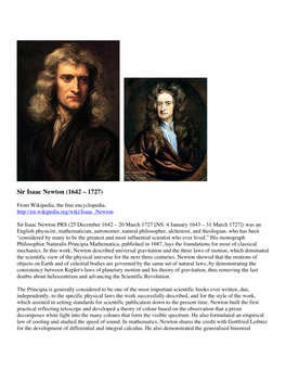 Sir Isaac Newton (1642 – 1727)