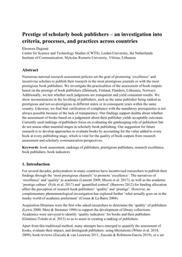 Prestige of Scholarly Book Publishers – an Investigation Into Criteria, Processes, and Practices Across Countries