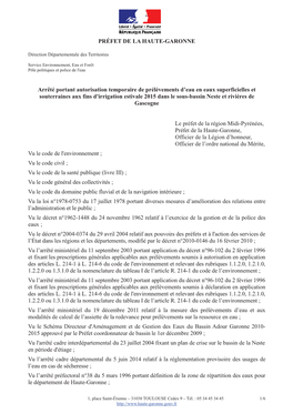 PRÉFET DE LA HAUTE-GARONNE Arrêté Portant Autorisation