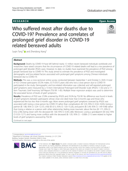 Prevalence and Correlates of Prolonged Grief Disorder in COVID-19 Related Bereaved Adults Suqin Tang1* and Zhendong Xiang2