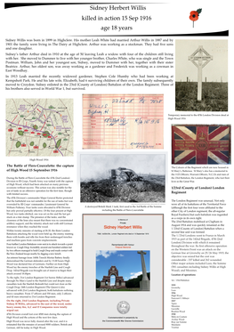 Sidney Herbert Willis Killed in Action 15 Sep 1916 Age 18 Years