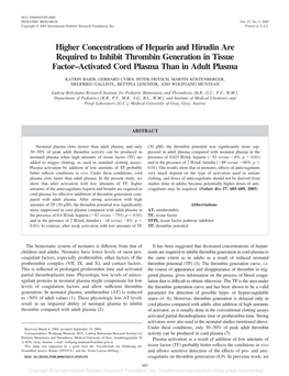 Higher Concentrations of Heparin and Hirudin Are Required to Inhibit Thrombin Generation in Tissue Factor–Activated Cord Plasma Than in Adult Plasma