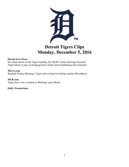 Detroit Tigers Clips Monday, December 5, 2016