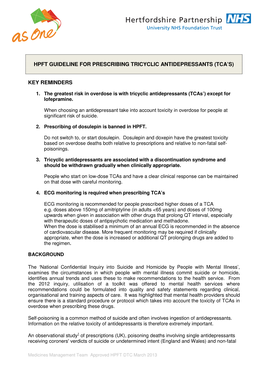 Hpft Guideline for Prescribing Tricyclic Antidepressants (Tca's) Key Reminders