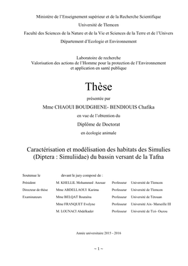 Thèse Présentée Par Mme CHAOUI BOUDGHENE- BENDIOUIS Chafika En Vue De L’Obtention Du Diplôme De Doctorat En Écologie Animale