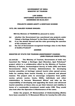 Government of India Ministry of Tourism Lok Sabha Unstarred Question No.1072 Answered on 08.02.2021 Projects Under Adopt a Herit