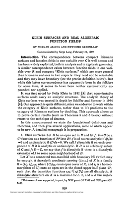 Klein Surfaces and Real Algebraic Function Fields1