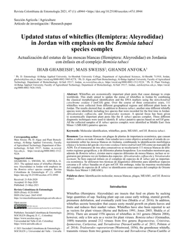 In Jordan with Emphasis on the Bemisia Tabaci Species Complex
