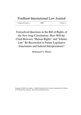 Unresolved Questions in the Bill of Rights of the New Iraqi Constitution