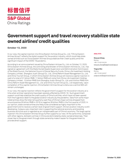 Government Support and Travel Recovery Stabilize State Owned Airlines’ Credit Qualities