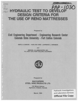 Hydraulic Test to Dwieplop Design Criteria for the Use of Reno Mattresses