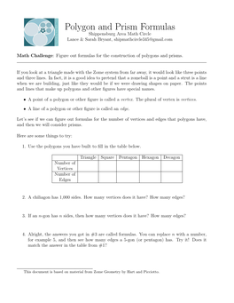 Polygon and Prism Formulas Shippensburg Area Math Circle Lance & Sarah Bryant, Shipmathcircle345@Gmail.Com