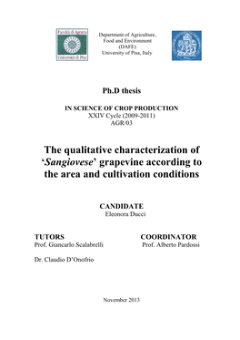 Sangiovese’ Grapevine According to the Area and Cultivation Conditions