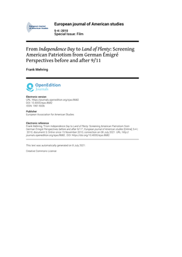 European Journal of American Studies, 5-4 | 2010 from Independence Day to Land of Plenty: Screening American Patriotism from G