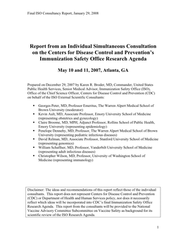 Report from an Individual Simultaneous Consultation on the Centers for Disease Control and Prevention’S Immunization Safety Office Research Agenda