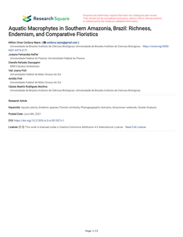 Aquatic Macrophytes in Southern Amazonia, Brazil: Richness, Endemism, and Comparative Floristics