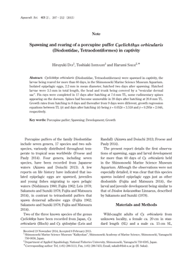 Spawning and Rearing of a Porcupine Puffer Cyclichthys Orbicularis (Diodontidae, Tetraodontiformes) in Captivity