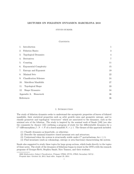 LECTURES on FOLIATION DYNAMICS: BARCELONA 2010 Contents 1. Introduction 1 2. Foliation Basics 3 3. Topological Dynamics 4 4