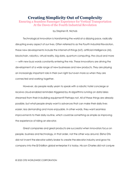 Creating Simplicity out of Complexity Ensuring a Seamless Passenger Experience for Vertical Transportation at the Dawn of the Fourth Industrial Revolution