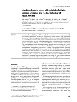 Infection of Potato Plants with Potato Leafroll Virus Changes Attraction and Feeding Behaviour of Myzus Persicae A