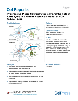 Progressive Motor Neuron Pathology and the Role of Astrocytes in a Human Stem Cell Model of VCP- Related ALS