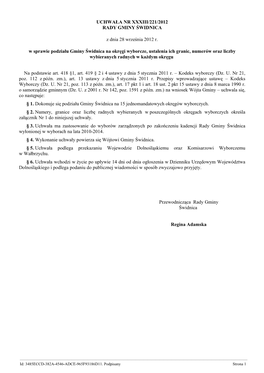 XXXIII-221-2012W Sprawie Podzialu Gminy Swidnica Na Okregi