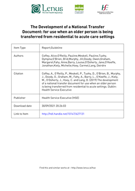 The Development of a National Transfer Document: for Use When an Older Person Is Being Transferred from Residential to Acute Care Settings