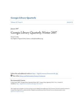 Georgia Library Quarterly, Winter 2007 Susan Cooley Sara Hightower Regional Library System, Scooley@Romelibrary.Org