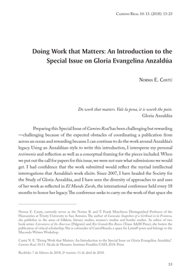 Doing Work That Matters: an Introduction to the Special Issue on Gloria Evangelina Anzaldúa