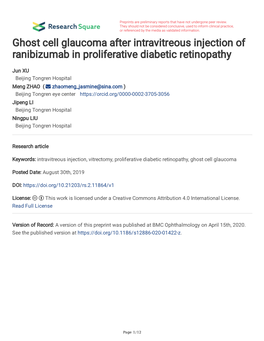 Ghost Cell Glaucoma After Intravitreous Injection of Ranibizumab in Proliferative Diabetic Retinopathy