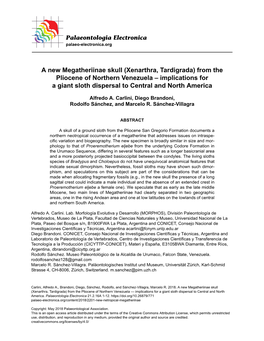 A New Megatheriinae Skull (Xenarthra, Tardigrada) from the Pliocene of Northern Venezuela – Implications for a Giant Sloth Dispersal to Central and North America