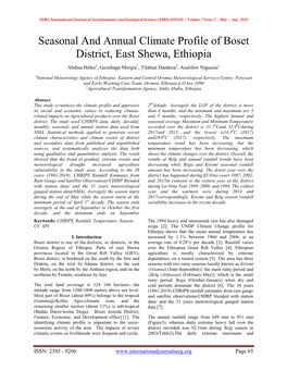 Seasonal and Annual Climate Profile of Boset District, East Shewa, Ethiopia