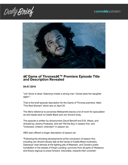 Â€˜Game of Thronesâ€™ Premiere Episode Title and Description Revealed