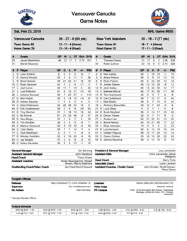 Vancouver Canucks Game Notes