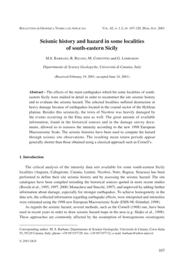 Seismic History and Hazard in Some Localities of South-Eastern Sicily