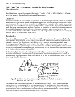 Voice Onset Time Vs. Articulatory Modeling for Stop Consonants Martin Rothenberg