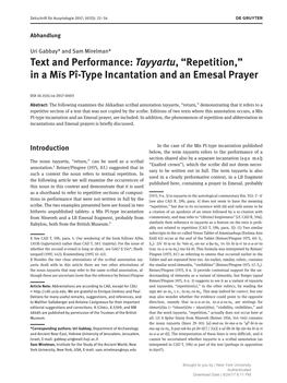 Text and Performance: Tayyartu, “Repetition,” in a Mīs Pî-Type Incantation and an Emesal Prayer