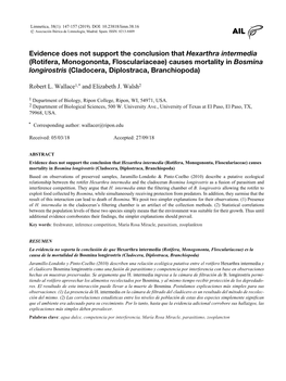 Evidence Does Not Support the Conclusion That Hexarthra Intermedia