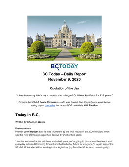 Daily Report November 9, 2020 Today in BC